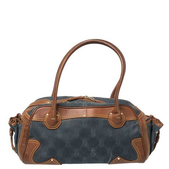 Celine Blue/Brown Macadam Denim and Leather Drawstring Pocket Satchel - Picture 1 of 4
